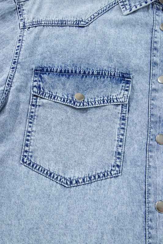 Solid Denim Chest Pocket Raw Hem Shirt Dress