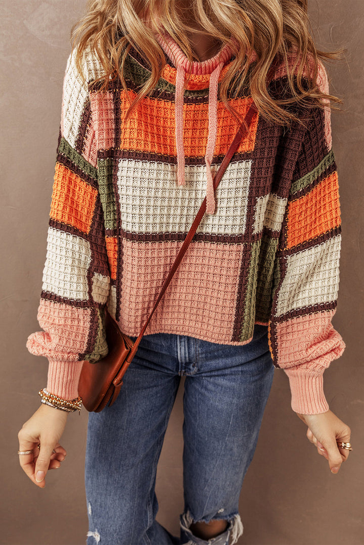 Orange Color Block Waffle Knit Drawstring Mock Neck Sweater Dear-Lover Dropshipping