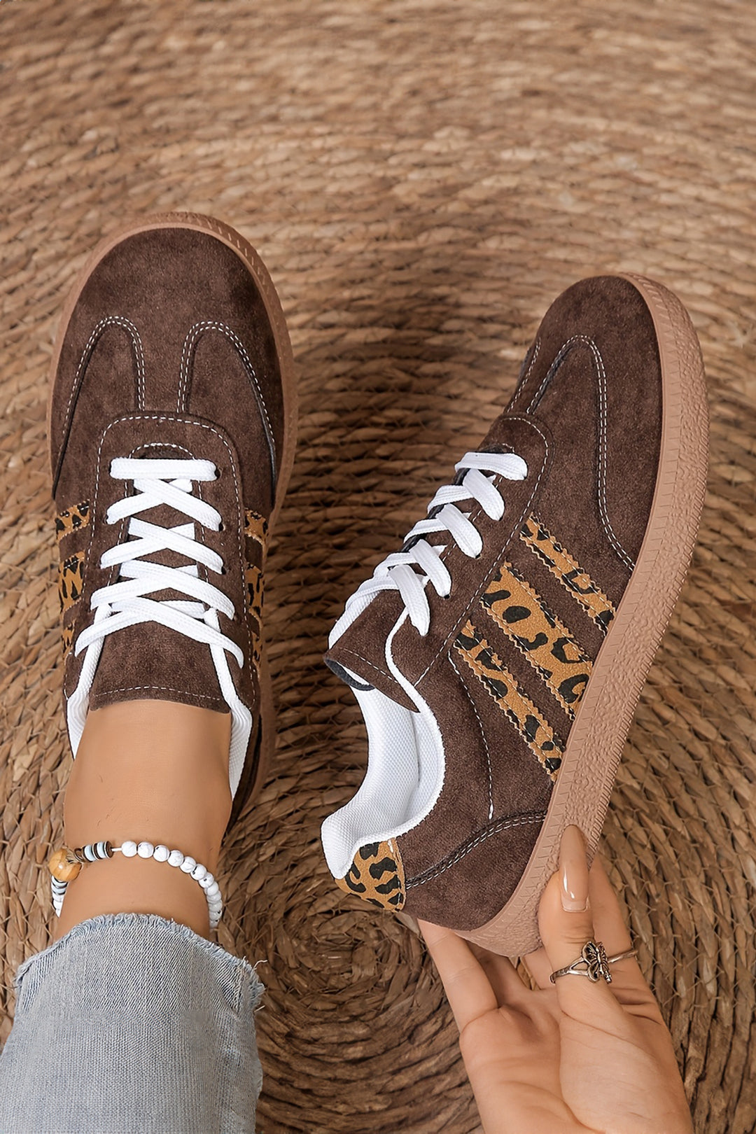 Coffee Contrast Lace-up Leopard Patchwork Detail Faux Suede Shoes Dear-Lover Dropshipping