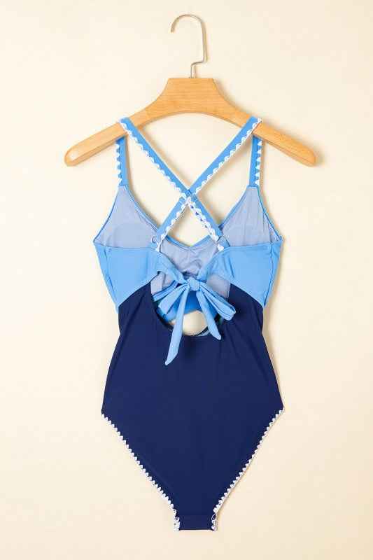 Colorblock Ric-Rac Trim Cutout Swimsuit