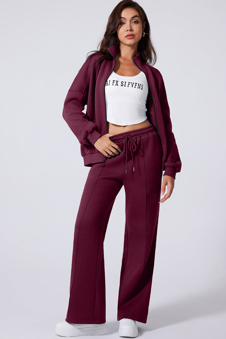 Burgundy Drop Shoulder Zip Up Jacket Drawstring Pants Active 2pcs Set Dear-Lover Dropshipping