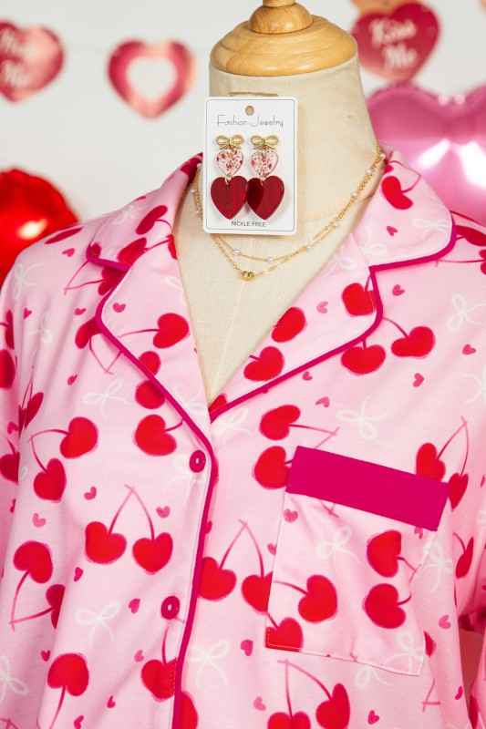 Cherry Bow Tie Top and Shorts Pajama Set