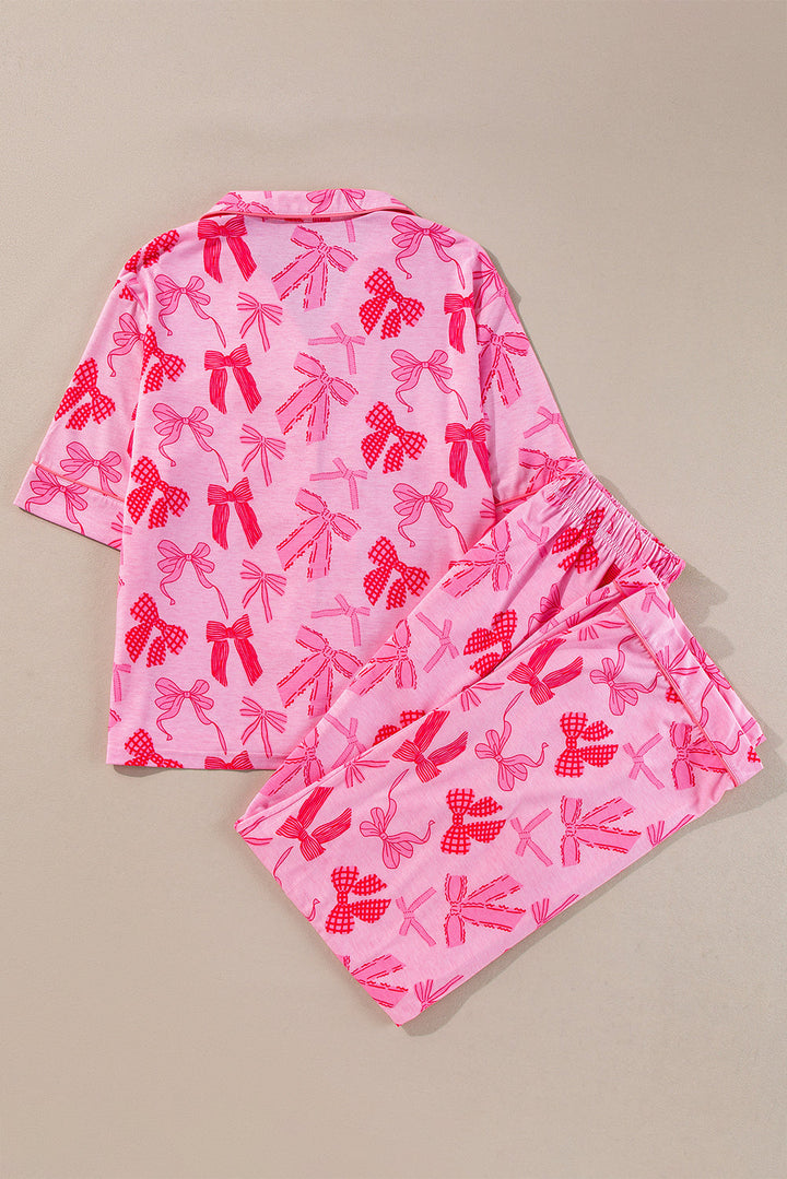 Pink Bow Knot Print Lapel Collar Short Sleeve and Pants Pajamas Set Dear-Lover Dropshipping
