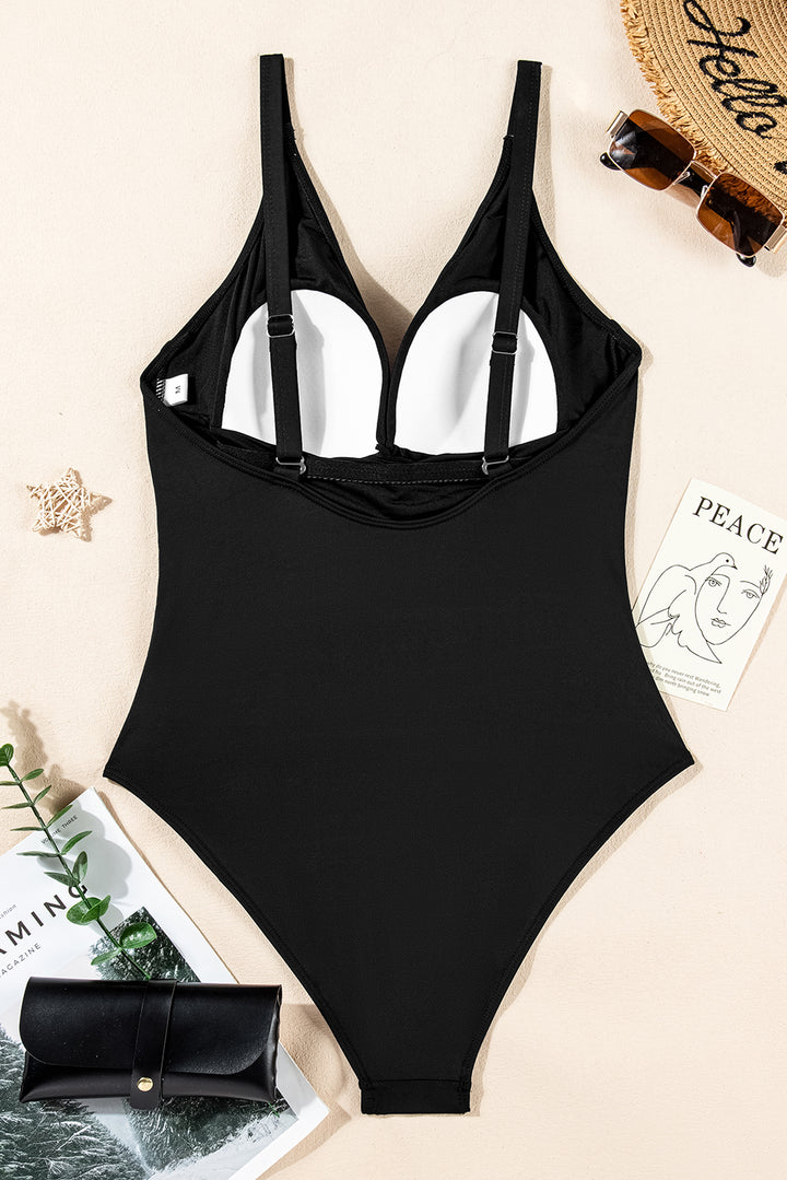 Black V Neck Twist Ruched Crisscross Backless One-Piece Swimsuit Dear-Lover Dropshipping