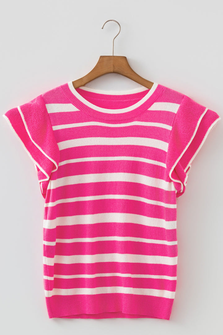Rose Stripe Double Ruffle Short Sleeve Lightweight Knit Sweater Dear-Lover Dropshipping