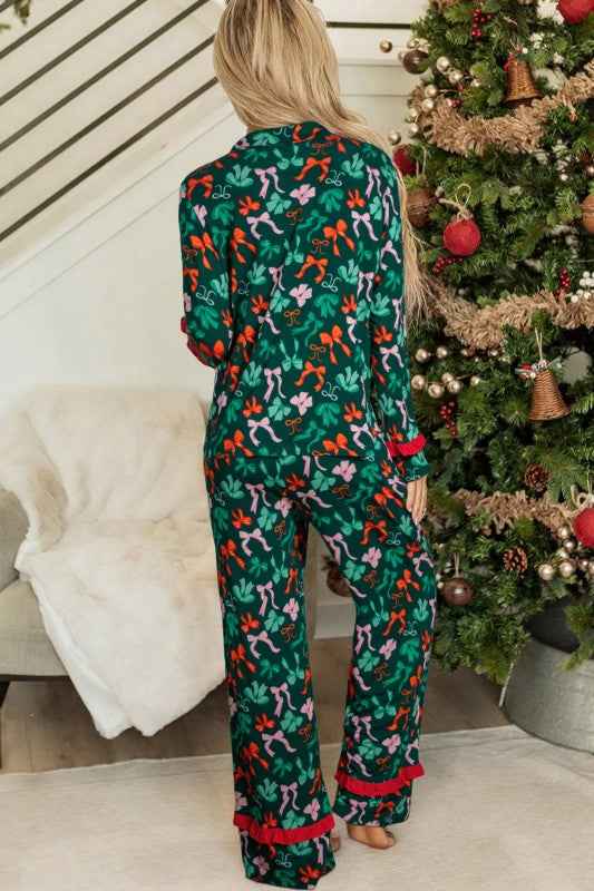 Bow Button-Up Top and Pants Pajama Set
