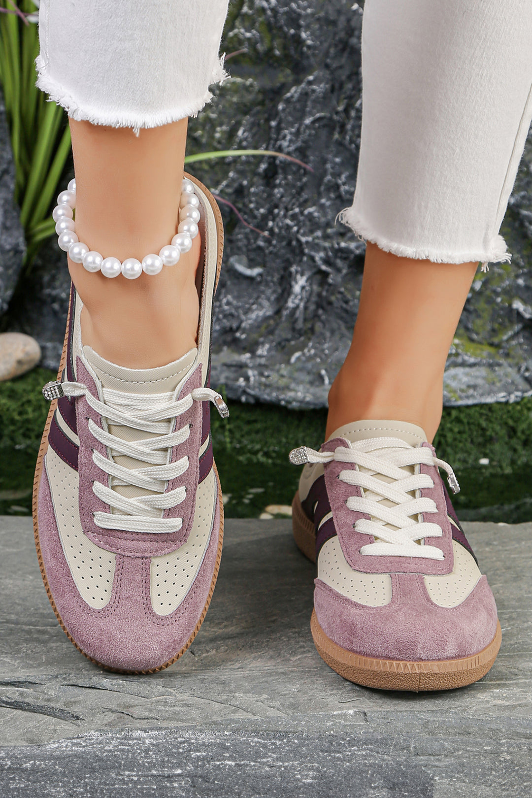 Pink Eyelet PU Leather Patchwork Color Pop Sneakers Dear-Lover Dropshipping