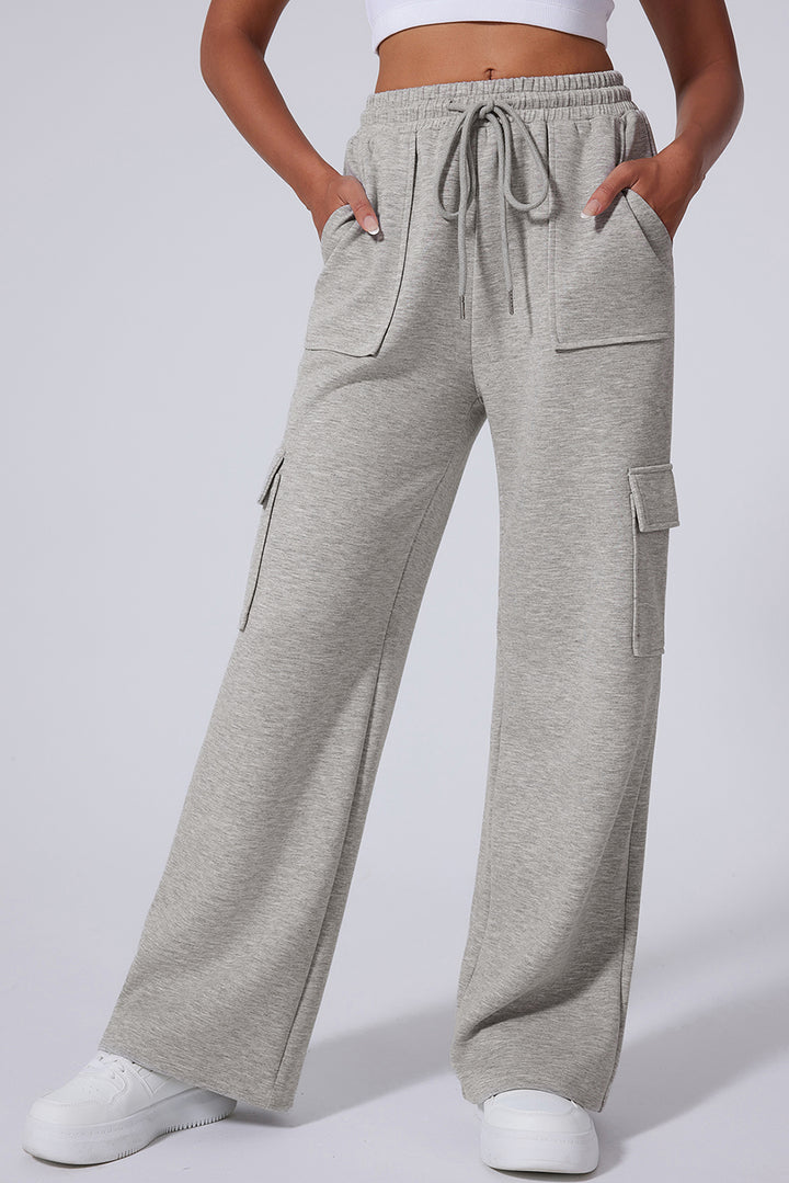 Light Grey Multi Pockets Lace-up High Waist Wide Leg Workout Pants Dear-Lover Dropshipping