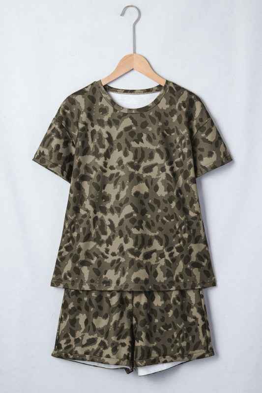Leopard Crew Neck Tee & High Waist Shorts Set