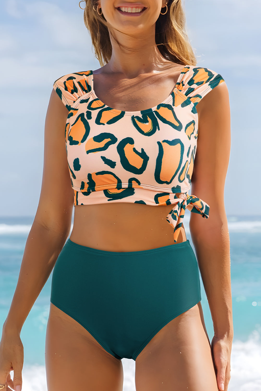 Green Leopard Print U Neck Knotted High Waist Bikini Set Dear-Lover Dropshipping
