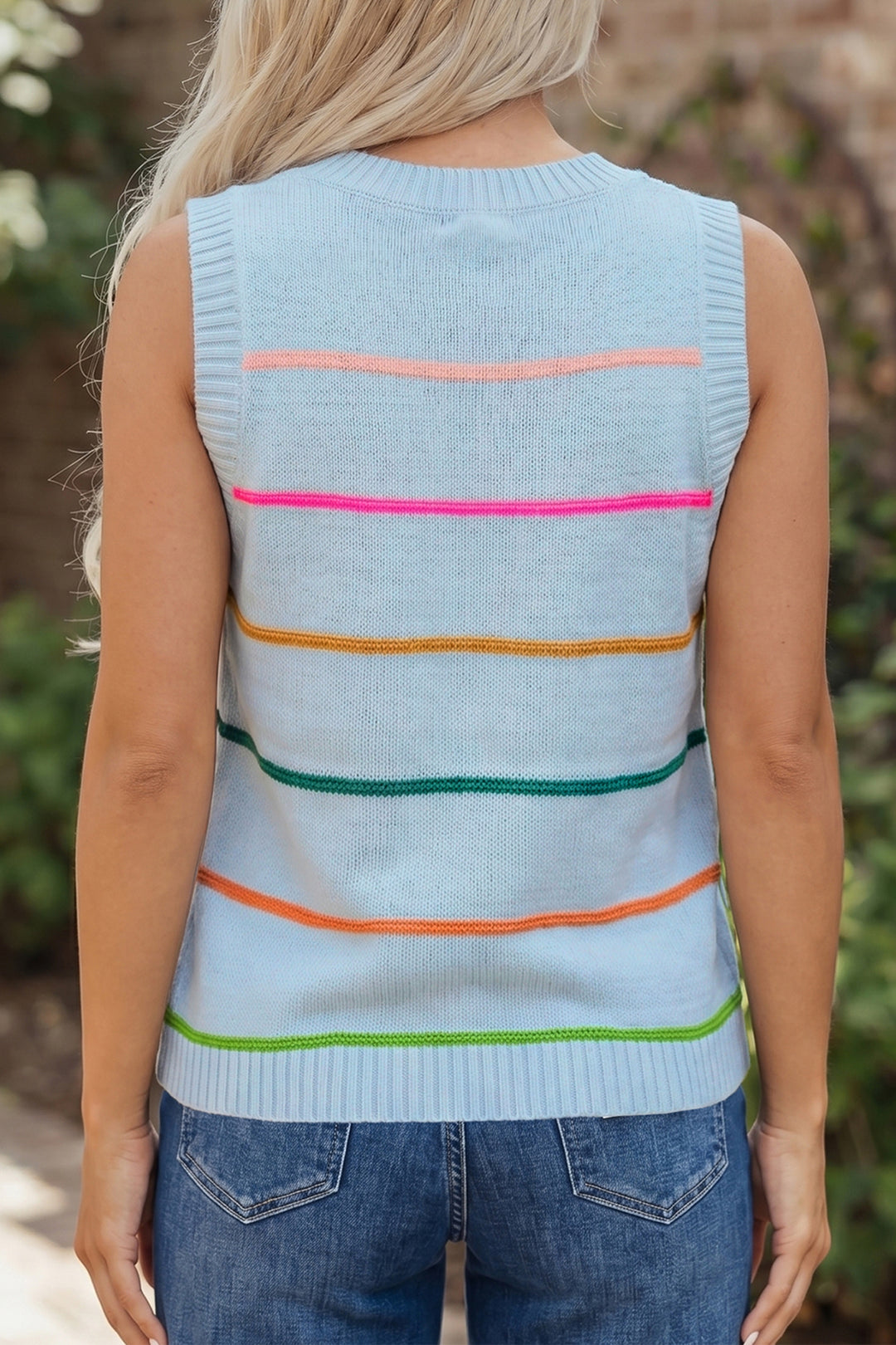 Sky Blue Stripe Round Neck Knitted Sweater Tank Dear-Lover Dropshipping