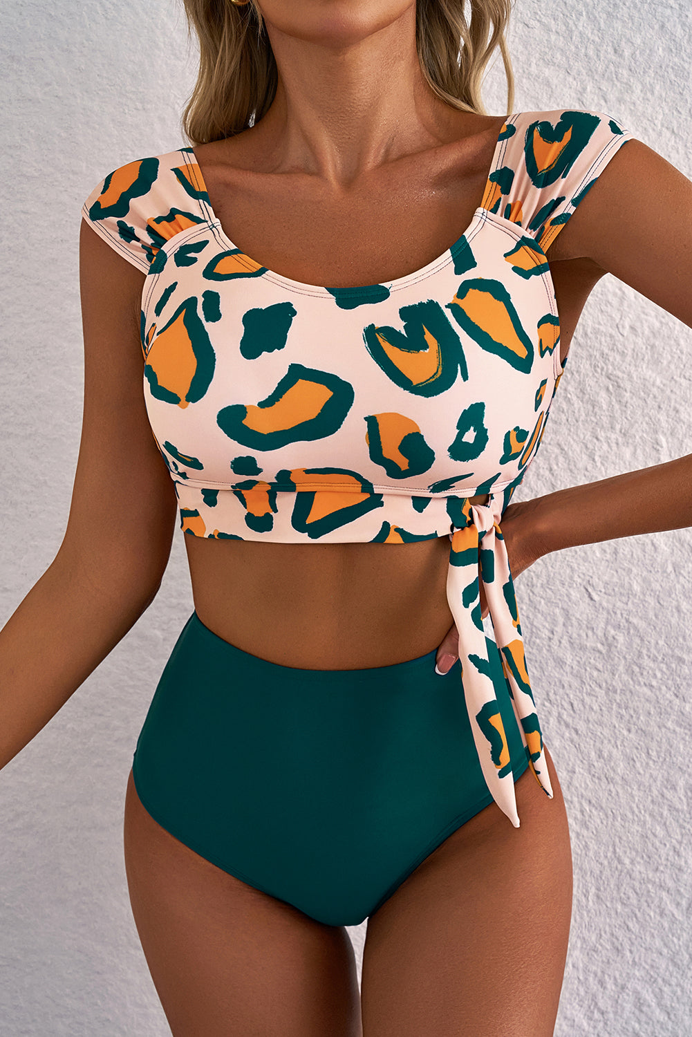 Green Leopard Print U Neck Knotted High Waist Bikini Set Dear-Lover Dropshipping