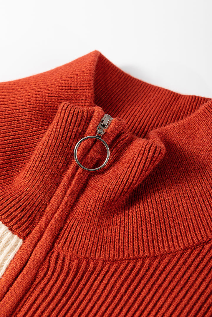 Brown Stripe Color Block Quarter Zip Collar Short Sleeve Sweater Dress Dear-Lover Dropshipping