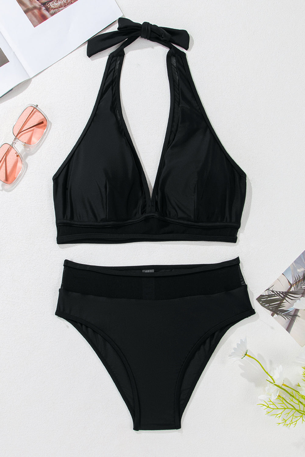 Black Sheer Mesh Edged Halter V Neck Push Up Bikini Dear-Lover Dropshipping