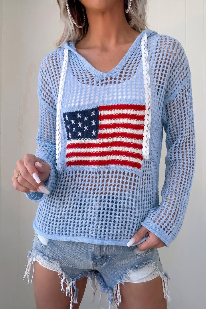 Beau Blue Hollow Out Crochet Knit American Flag Patched Sweater Hoodie Dear-Lover Dropshipping