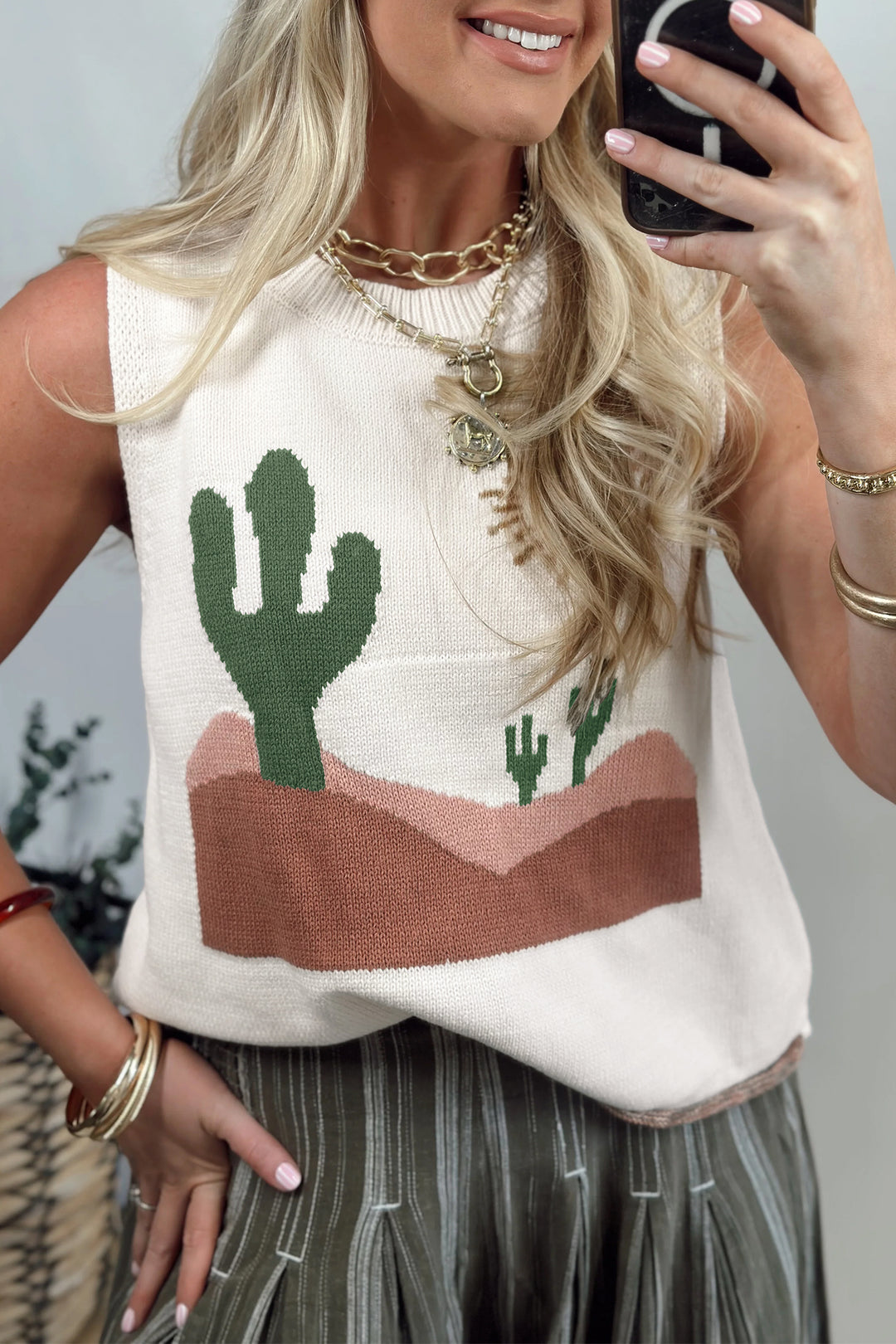 Multicolour Cactus Western Oasis Loose Sweater Vest Dear-Lover Dropshipping