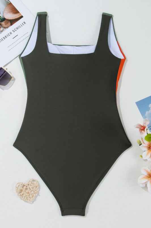 Colorblock Padded Square Neck One Piece Swimsuit