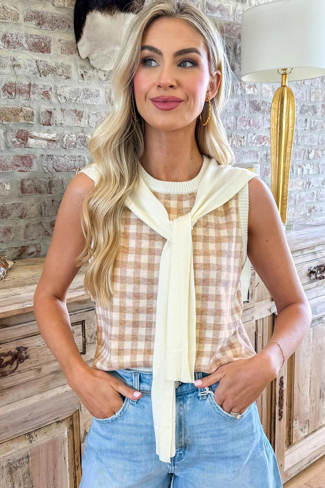 Khaki Gingham Plaid Knit Detachable Shawl Wrap Sweater Tank Top Dear-Lover Dropshipping