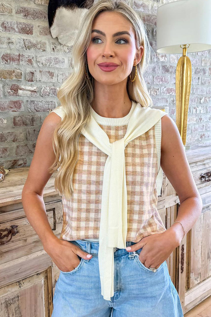Khaki Gingham Plaid Knit Detachable Shawl Wrap Sweater Tank Top Dear-Lover Dropshipping