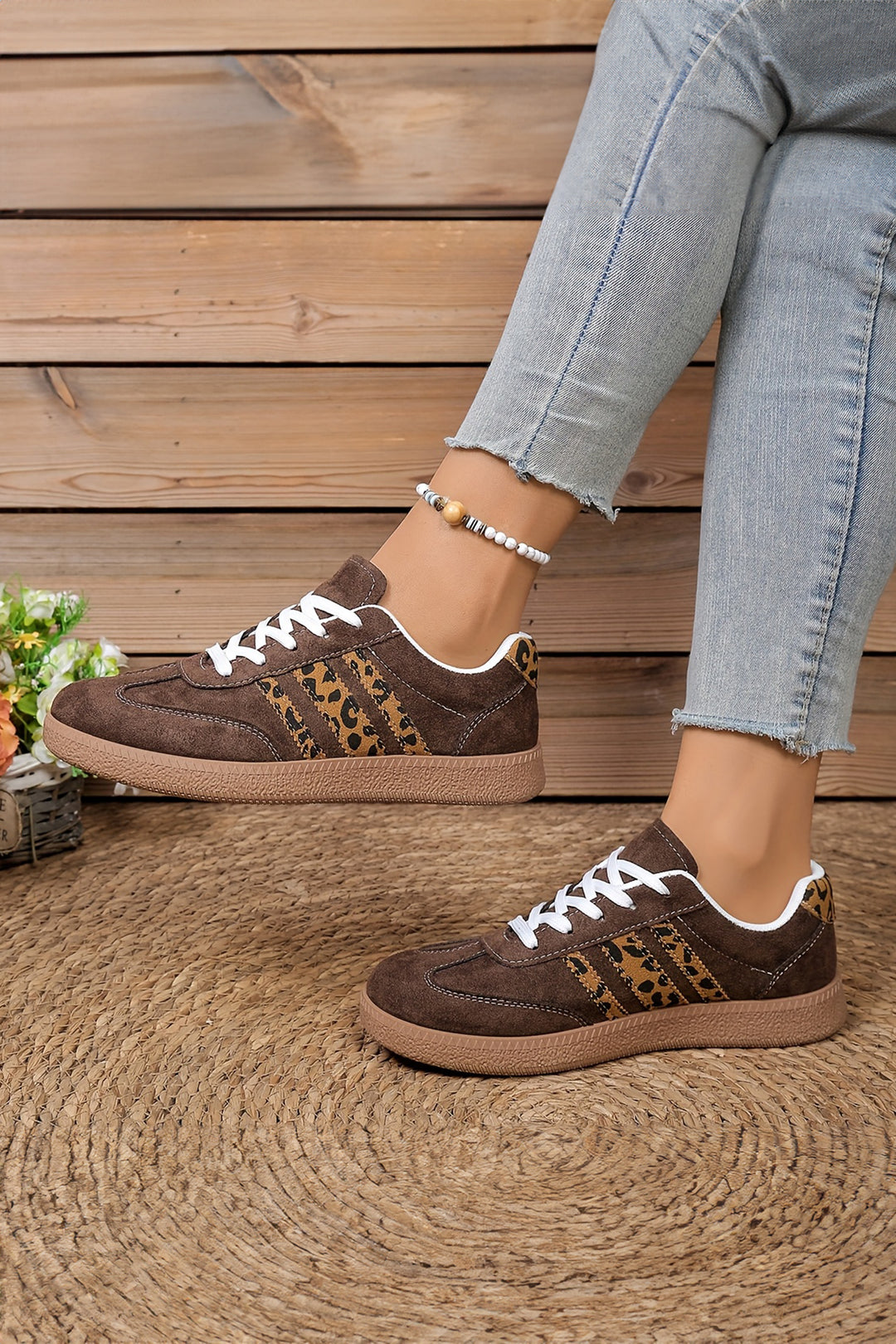 Coffee Contrast Lace-up Leopard Patchwork Detail Faux Suede Shoes Dear-Lover Dropshipping