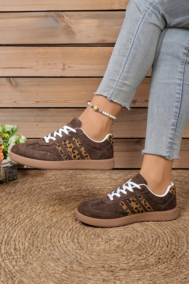 Coffee Contrast Lace-up Leopard Patchwork Detail Faux Suede Shoes Dear-Lover Dropshipping