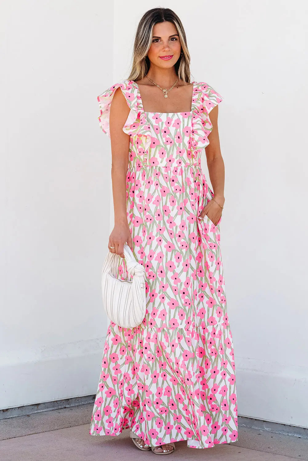 Pink Floral Print Square Neck Ruffled Strap Maxi Dress Dear-Lover Dropshipping