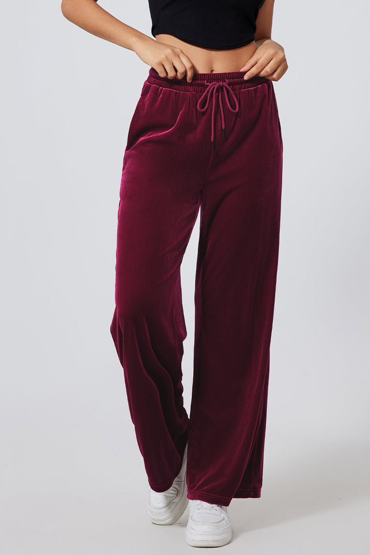 Burgundy Solid Drawstring Waist Wide Leg Pants Dear-Lover Dropshipping