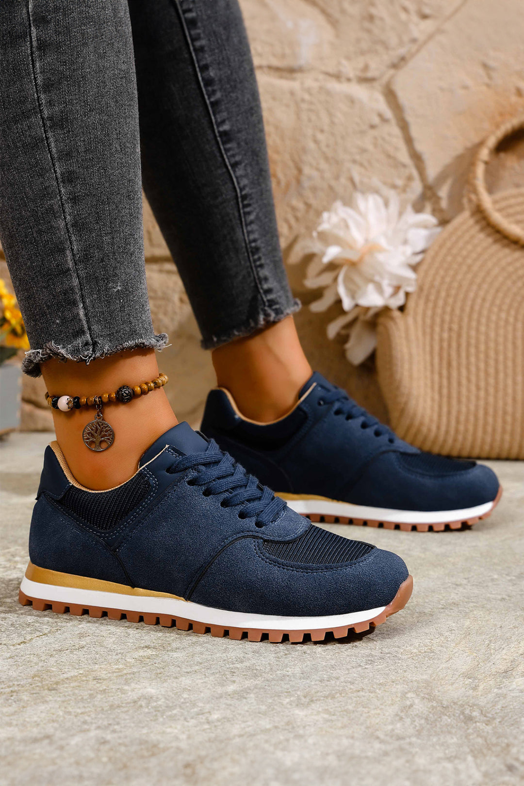Navy Blue Faux Suede Mixed Patchwork Retro Jogger Sneakers Dear-Lover Dropshipping