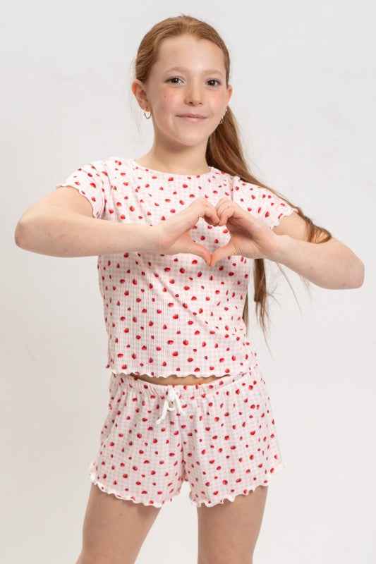 Girls Strawberry Print Short Sleeve Top and Shorts Set