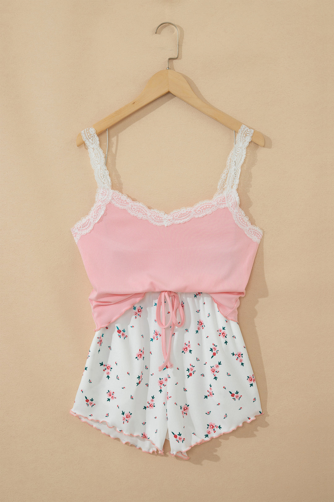 Pink Ribbed Knit Lace Straps Patchwork Lettuce Hem Cropped Top Floral Short Lounge Set Dear-Lover Dropshipping