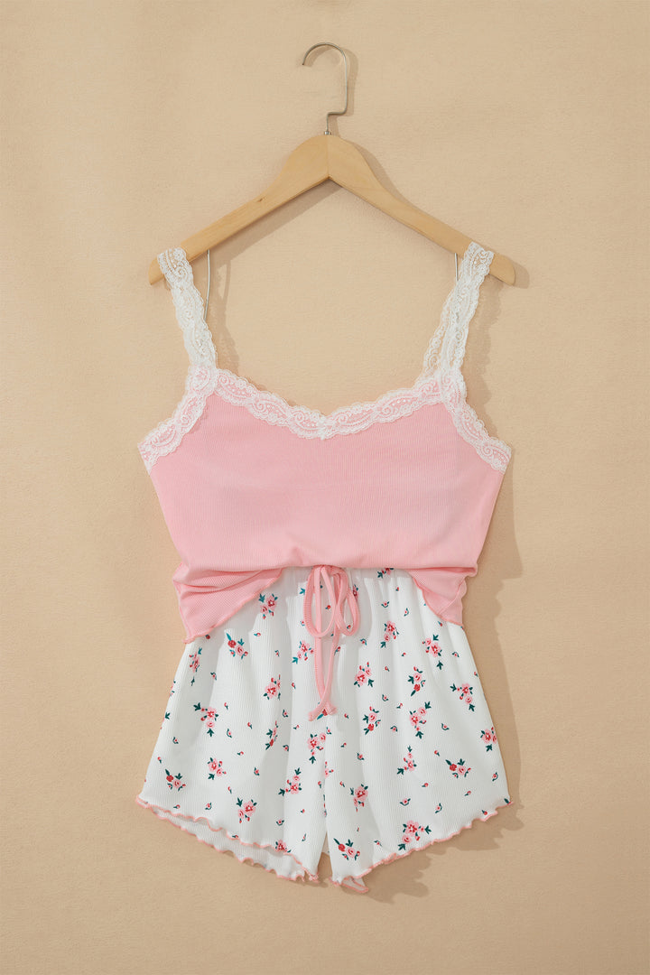 Pink Ribbed Knit Lace Straps Patchwork Lettuce Hem Cropped Top Floral Short Lounge Set Dear-Lover Dropshipping