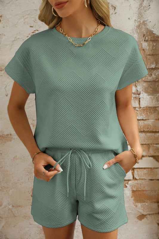 Textured Short-Sleeve Top & Drawstring Shorts Set