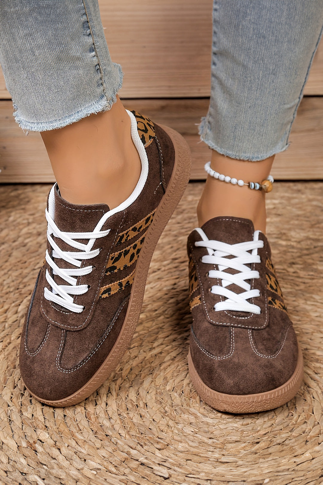 Coffee Contrast Lace-up Leopard Patchwork Detail Faux Suede Shoes Dear-Lover Dropshipping