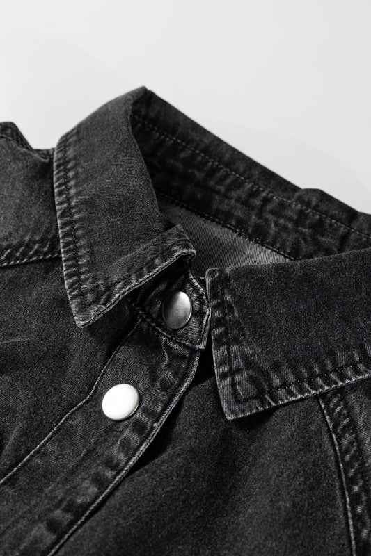 Solid Denim Chest Pocket Raw Hem Shirt Dress