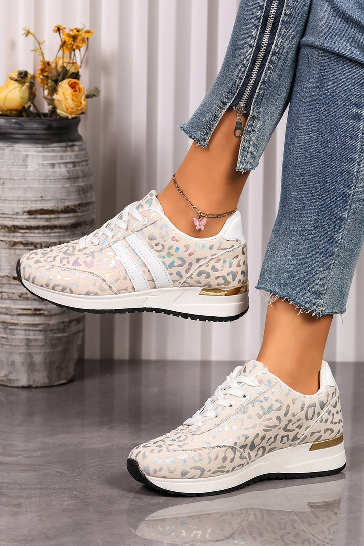 White Leopard Print Lace-Up Low-Top Sneakers with Rubber Sole Dear-Lover Dropshipping
