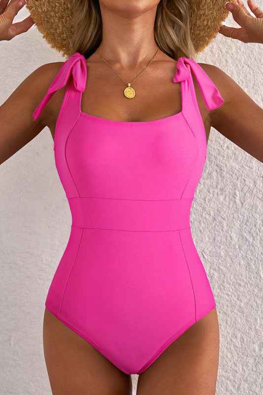 Solid Square Neck Tie Strap Open Back Swimsuit