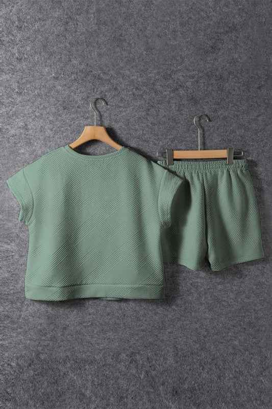 Textured Short-Sleeve Top & Drawstring Shorts Set