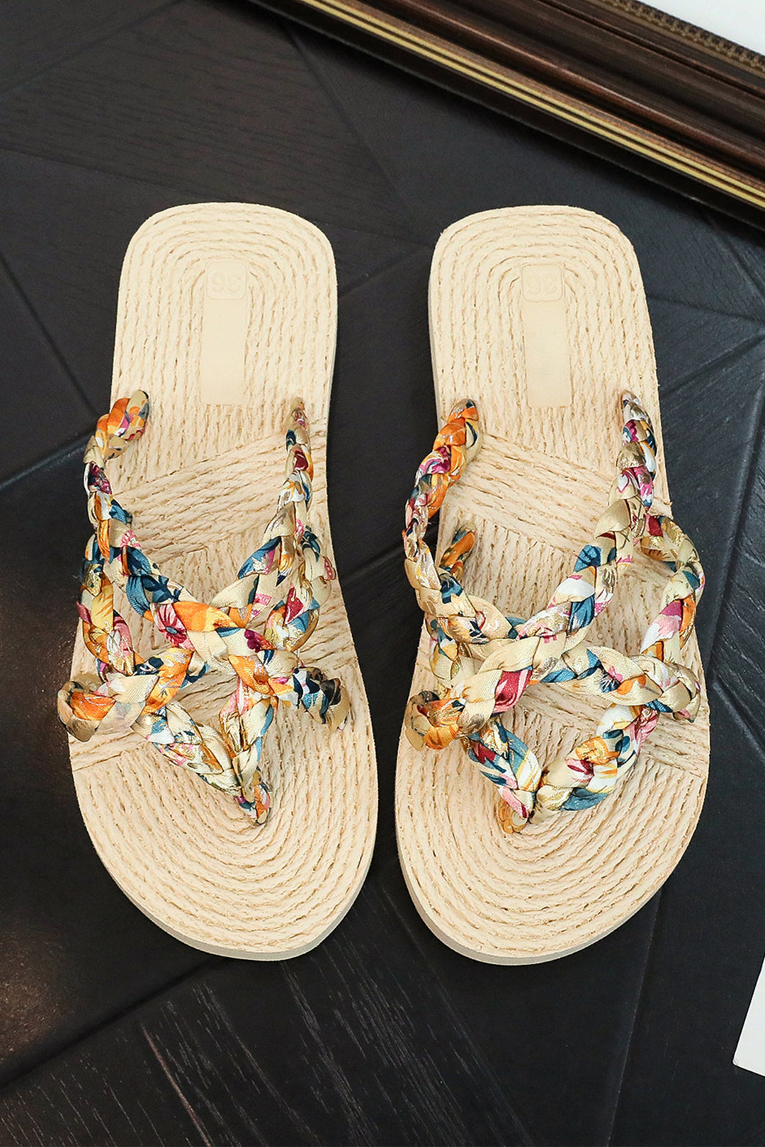 Beige Boho Printed Woven Caged Flip Flops Summer Slippers Dear-Lover Dropshipping