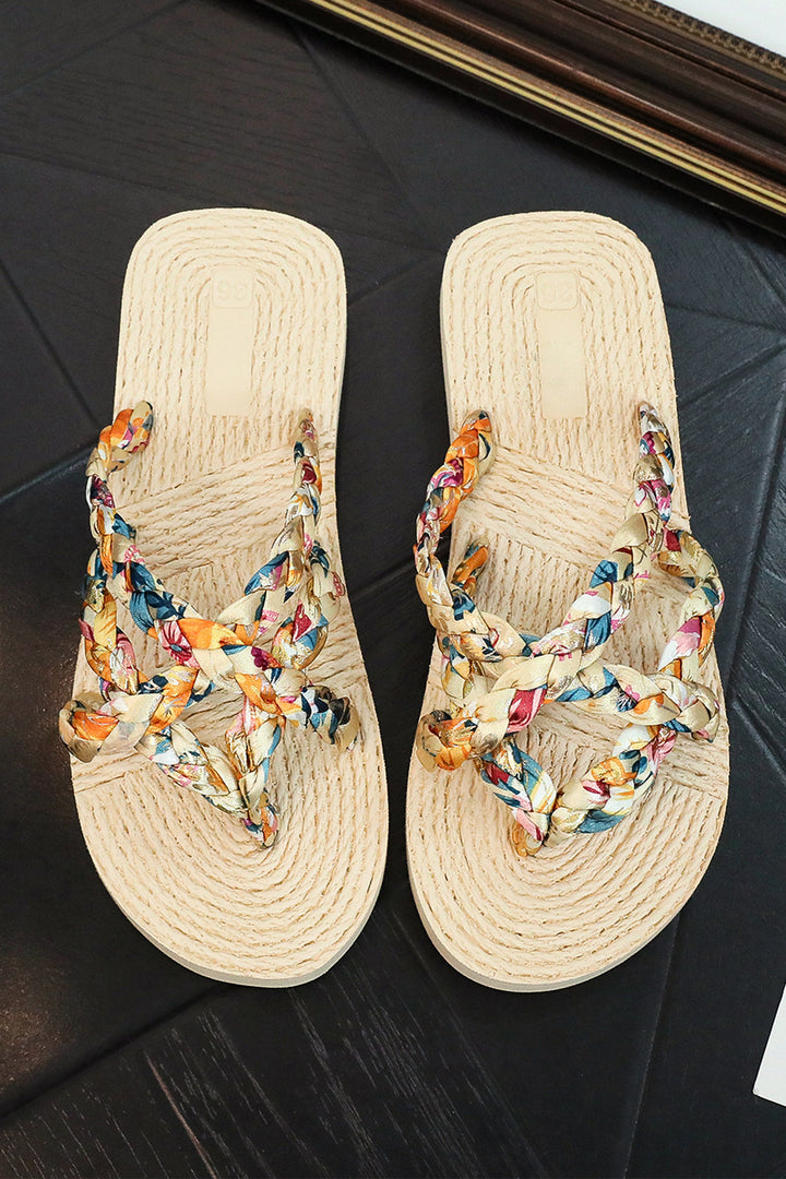 Beige Boho Printed Woven Caged Flip Flops Summer Slippers Dear-Lover Dropshipping
