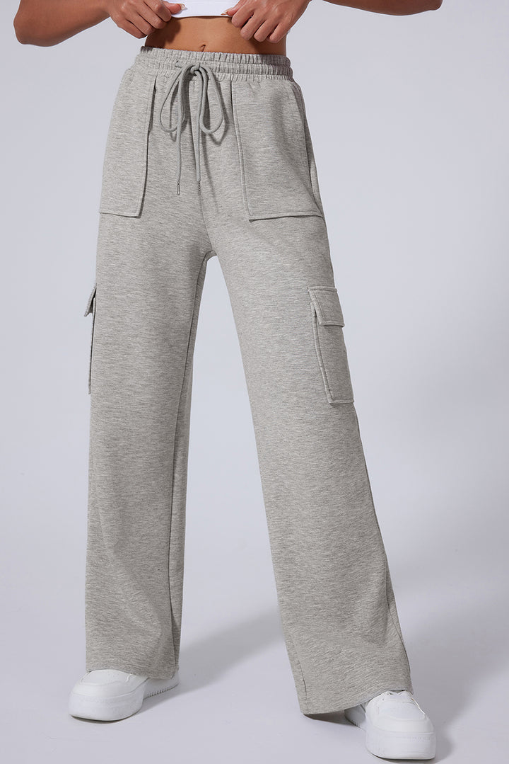 Light Grey Multi Pockets Lace-up High Waist Wide Leg Workout Pants Dear-Lover Dropshipping