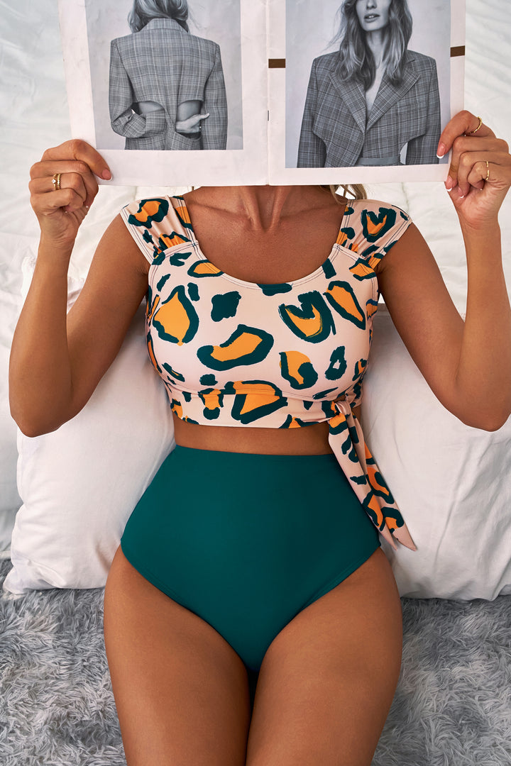 Green Leopard Print U Neck Knotted High Waist Bikini Set Dear-Lover Dropshipping