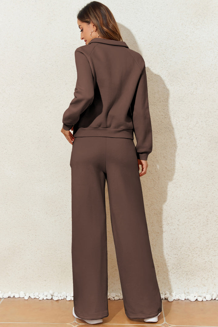 Dark Brown Solid Collared Sweatshirt and High Waist Pants Active Set Dear-Lover Dropshipping