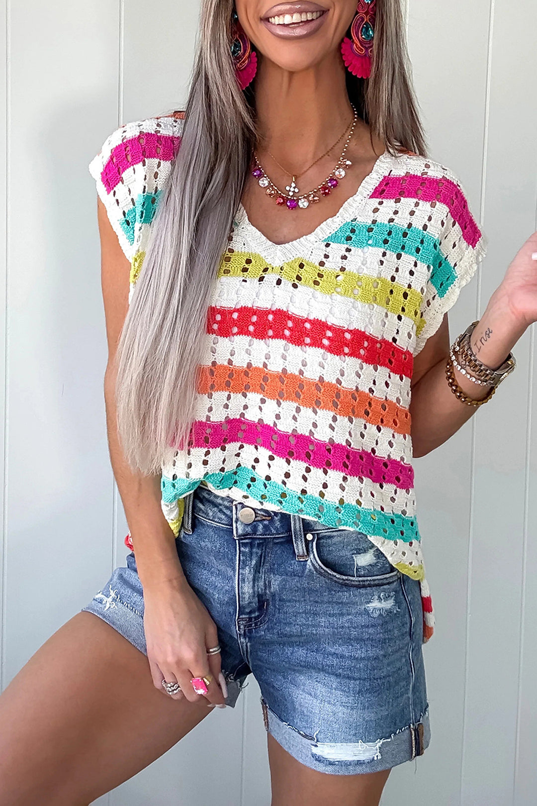 Multicolour Striped Eyelet Knit V Neck Sweater Tee Dear-Lover Dropshipping