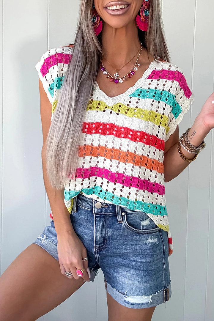 Multicolour Striped Eyelet Knit V Neck Sweater Tee Dear-Lover Dropshipping