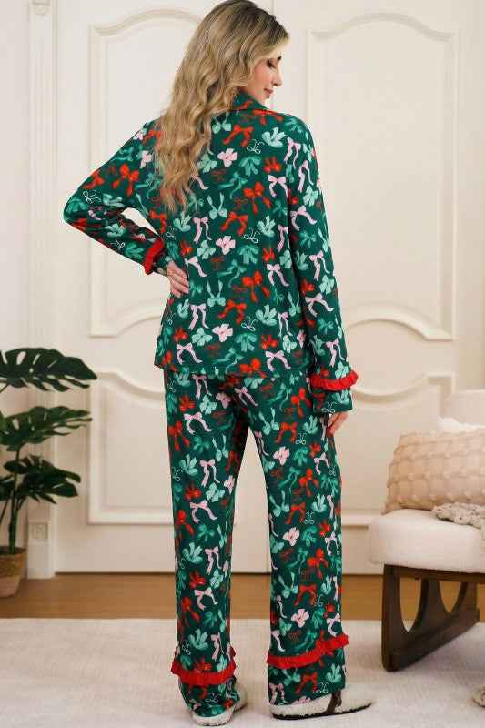 Bow Button-Up Top and Pants Pajama Set