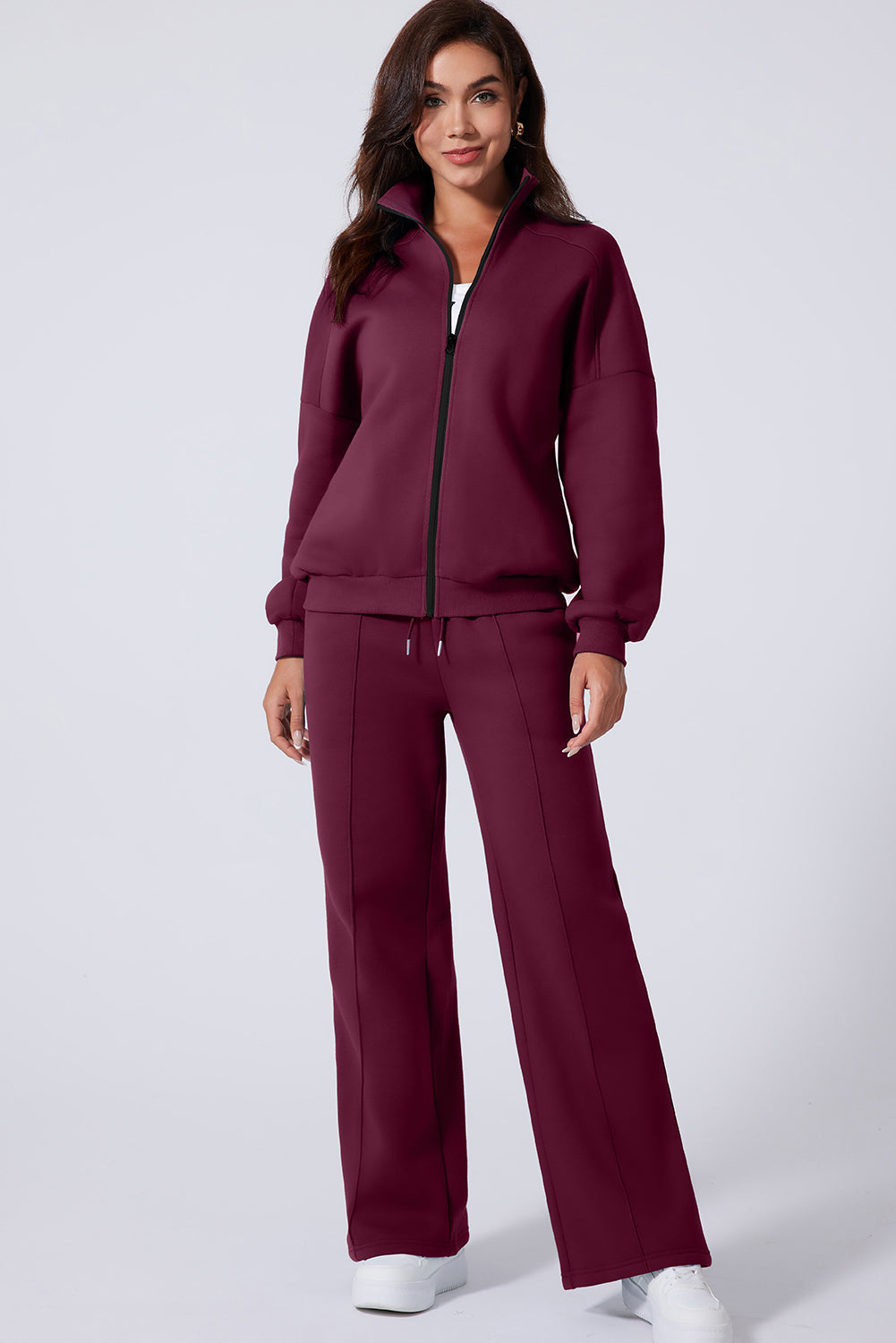 Burgundy Drop Shoulder Zip Up Jacket Drawstring Pants Active 2pcs Set Dear-Lover Dropshipping