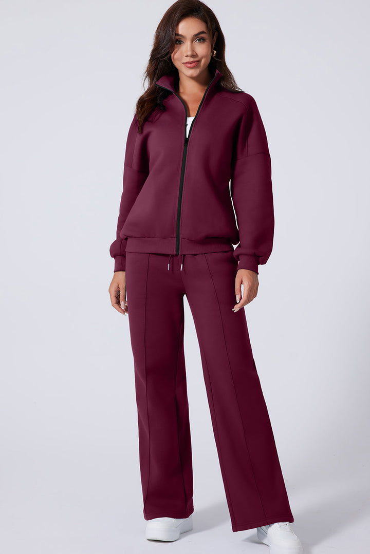Burgundy Drop Shoulder Zip Up Jacket Drawstring Pants Active 2pcs Set Dear-Lover Dropshipping