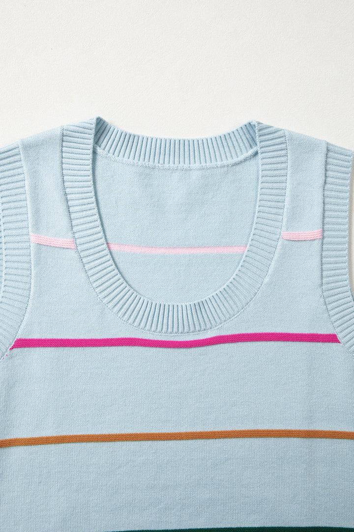 Sky Blue Stripe Round Neck Knitted Sweater Tank Dear-Lover Dropshipping