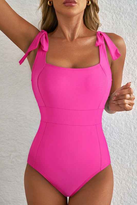Solid Square Neck Tie Strap Open Back Swimsuit