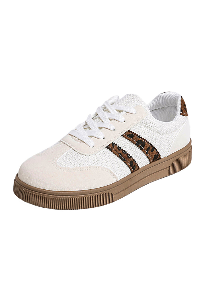 White Textured Woven PU Leather Leopard Patchwork Flat Sneakers Dear-Lover Dropshipping